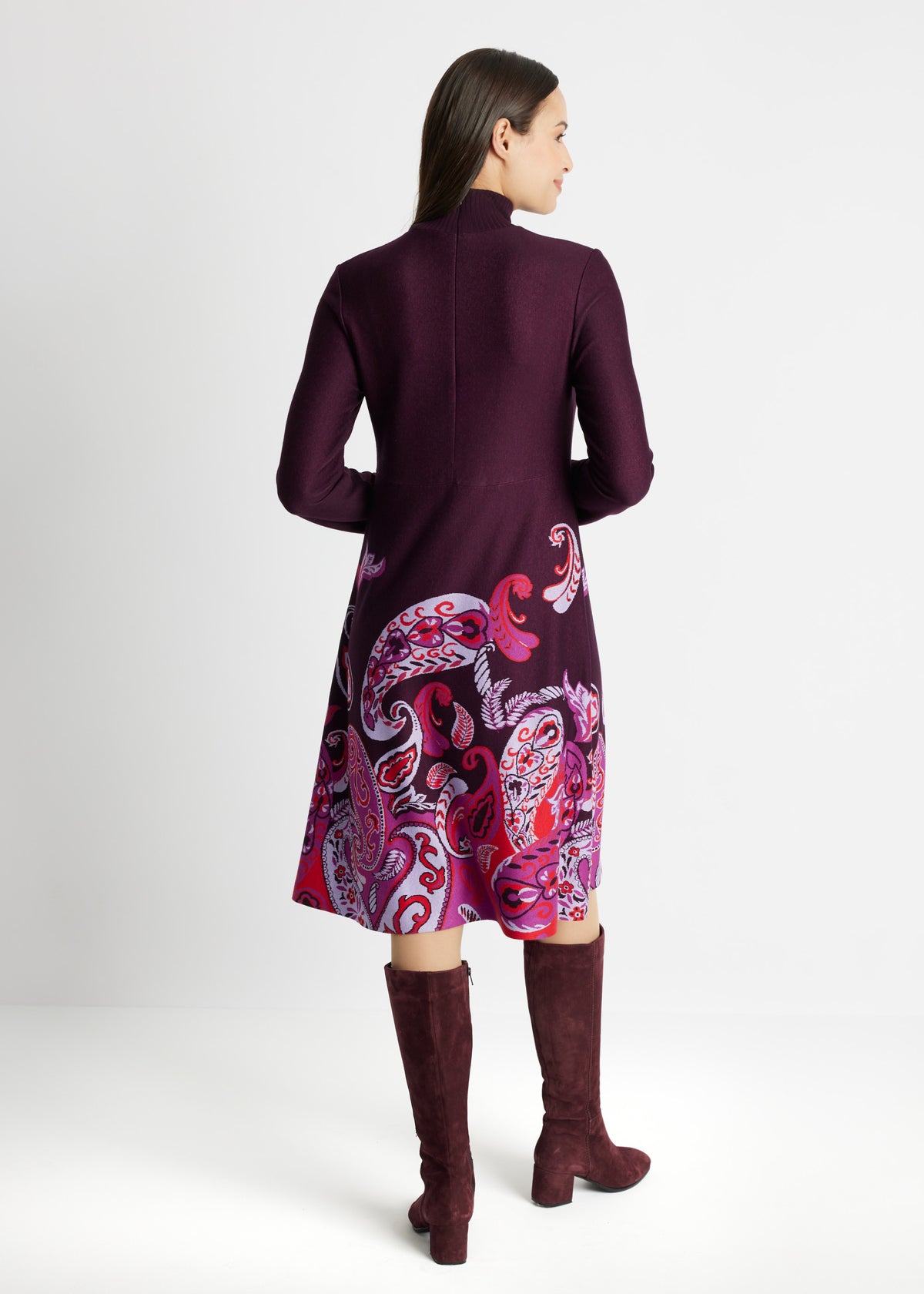 Midi-Kleid YIQUINA in A-Linie mit Stehkragen, Reißverschluss hinten, langen Ärmeln und Muster in Lila