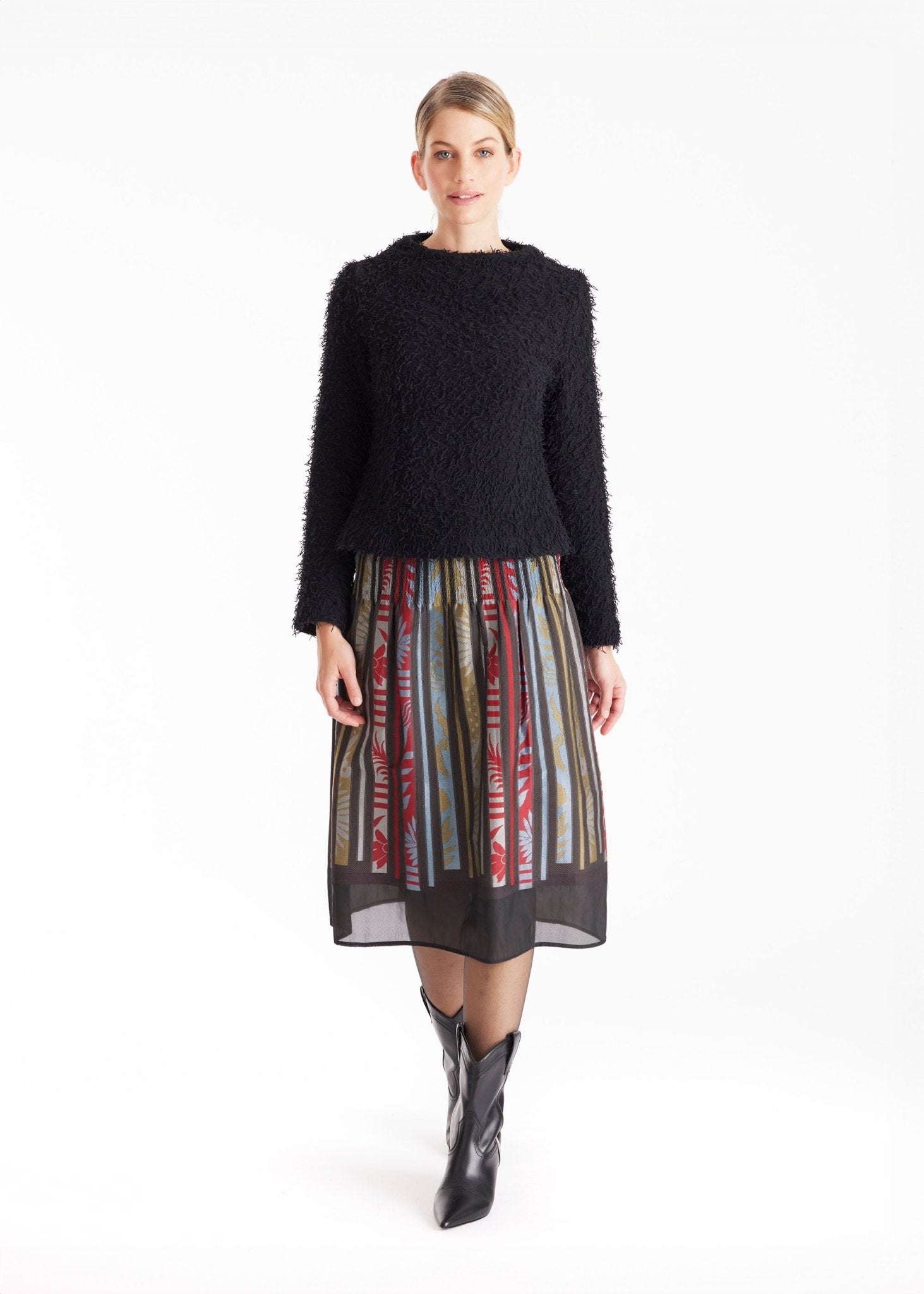 Rock LAFOLKORO in Midi-Länge mit Falten und floralem Streifenmuster in Rot und Schwarz