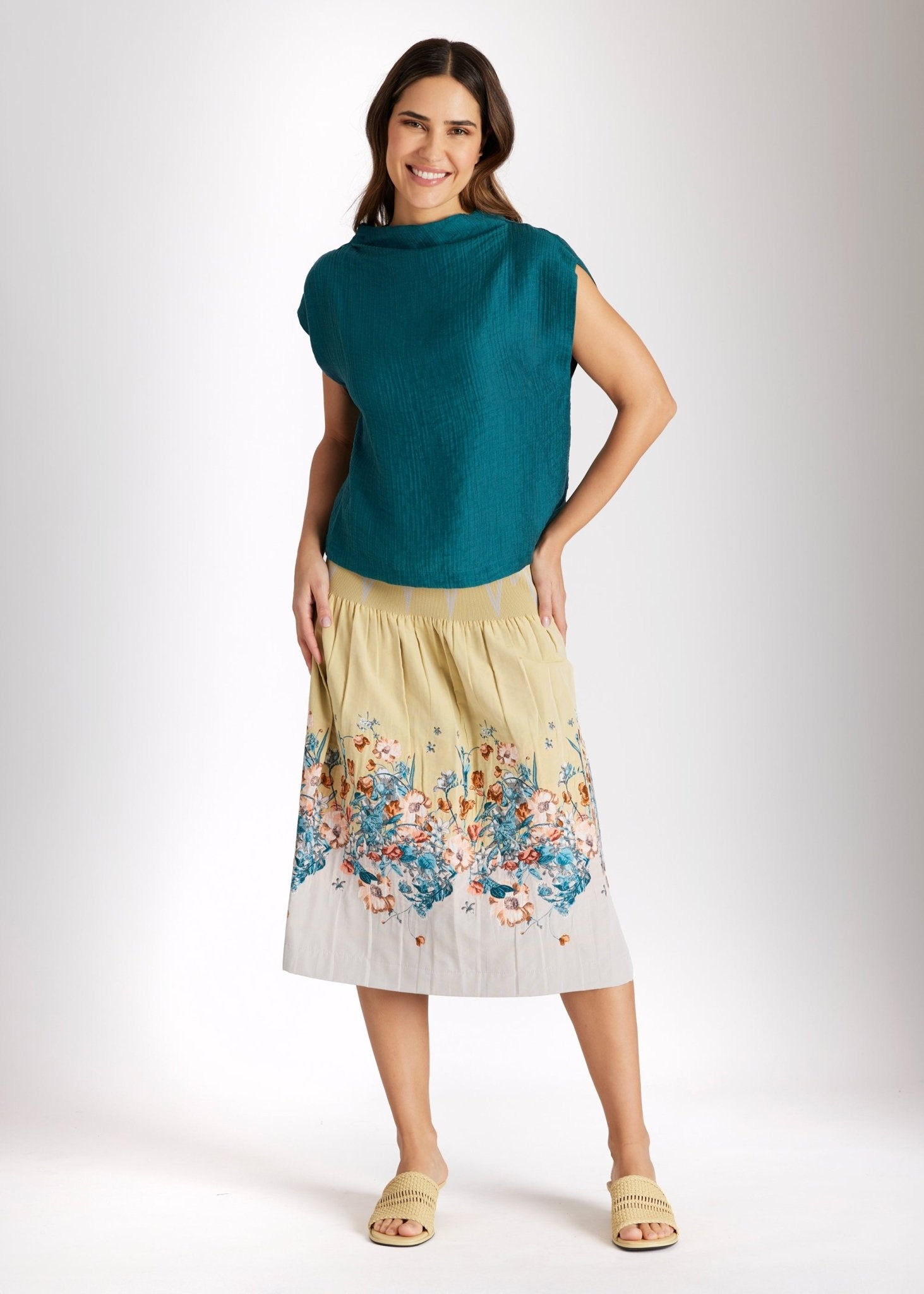 One Size Rock LONGERO-S in Midi-Länge mit Gummibund in Gelb mit Blumenmuster