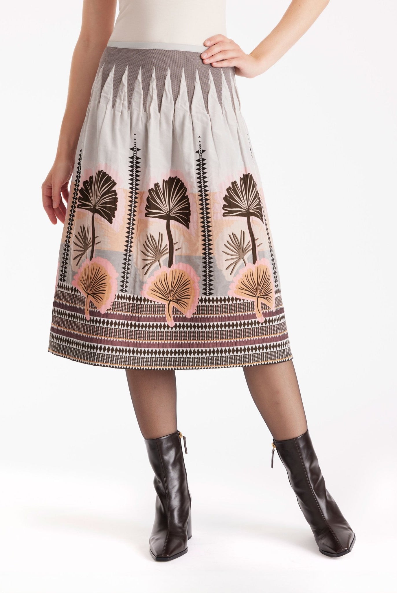 Ausgestellter Rock LONGERO-W in Midi-Länge mit Gummibund und floralem Muster in Beigetönen