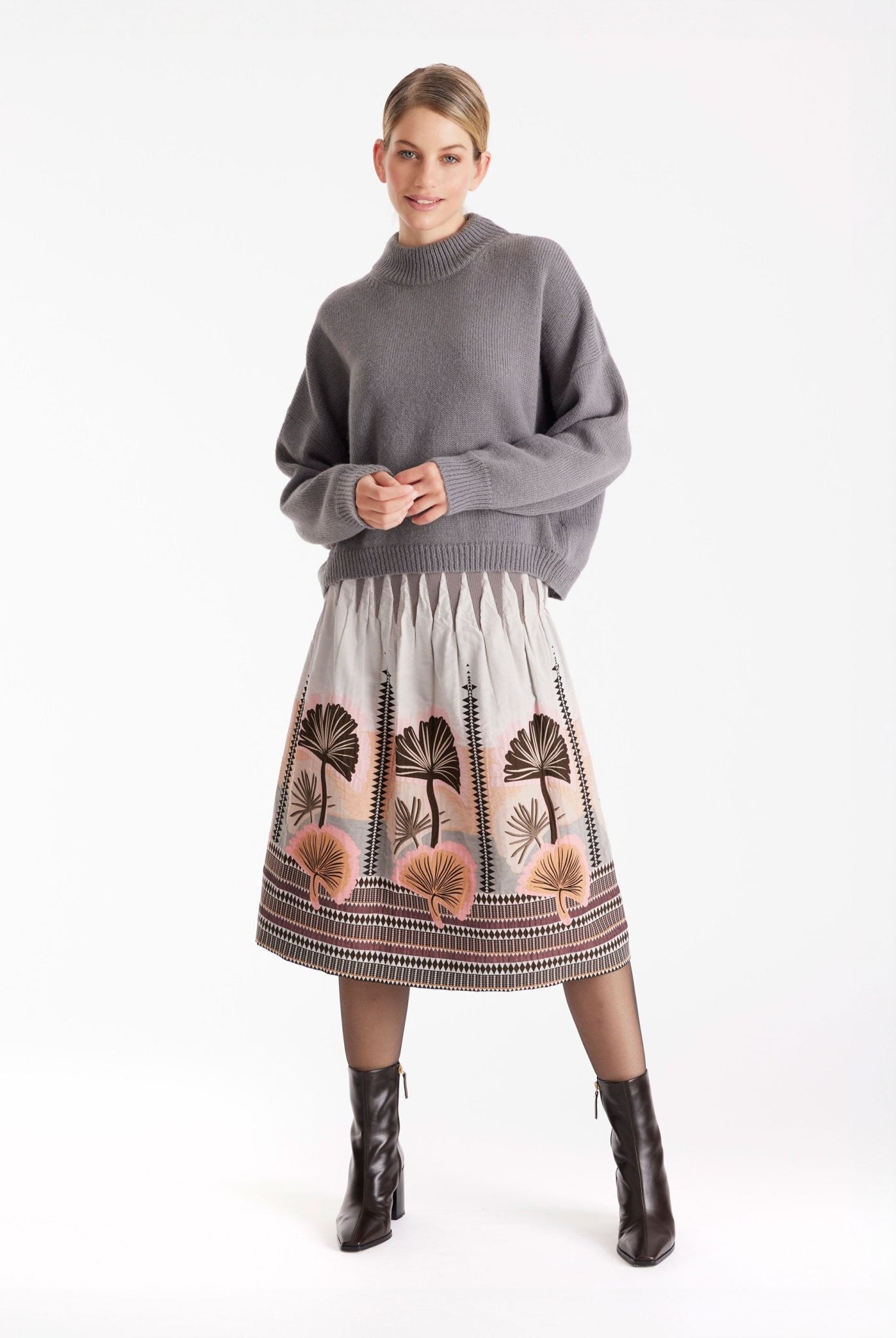 Ausgestellter Rock LONGERO-W in Midi-Länge mit Gummibund und floralem Muster in Beigetönen