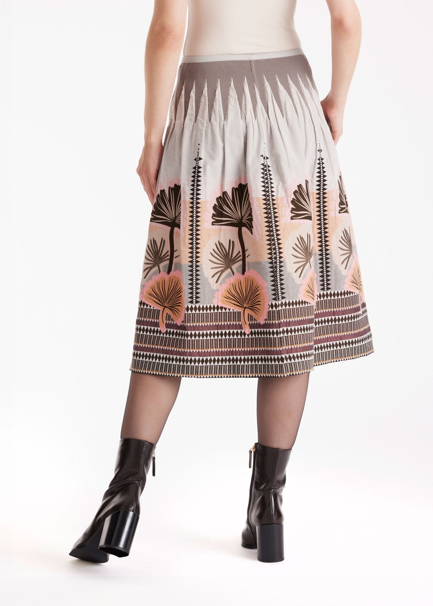 Ausgestellter Rock LONGERO-W in Midi-Länge mit Gummibund und floralem Muster in Beigetönen