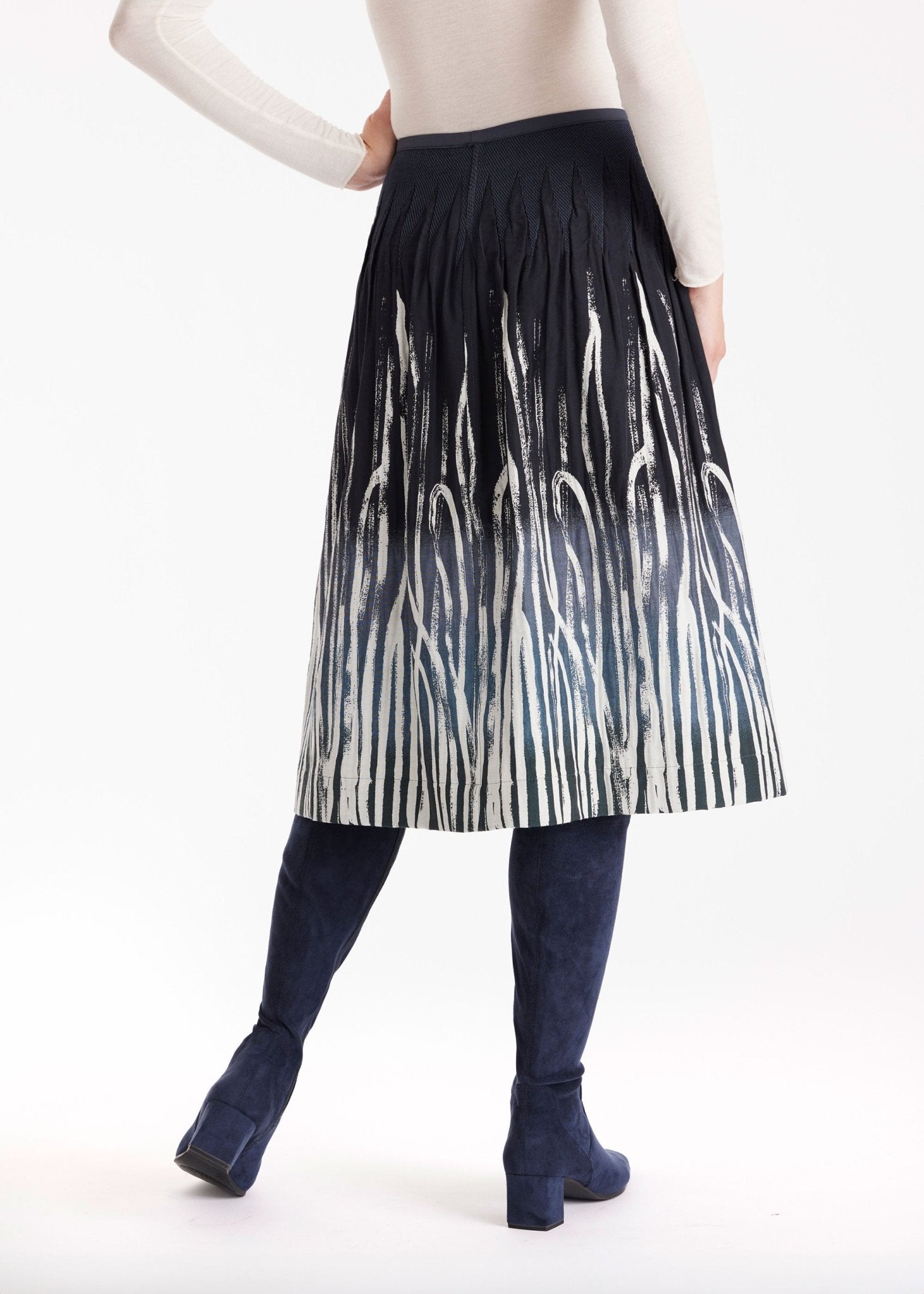 Ausgestellter Rock LONGERO-W in Midi-Länge mit Gummibund und Wellenmuster in Blau und Weiß