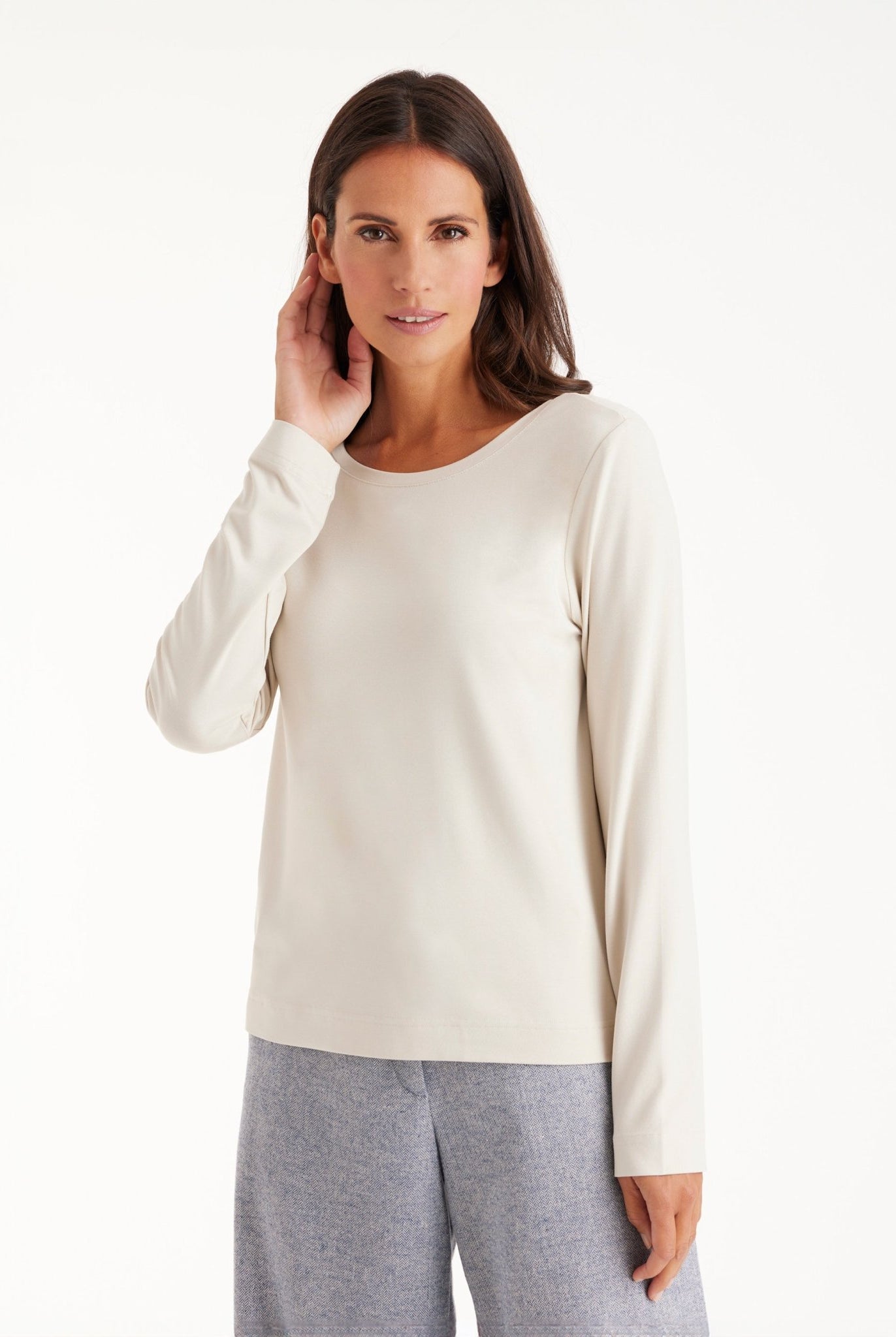 Langarm Shirt CLIVONITA mit Rundhals und V-Ausschnitt in Beige
