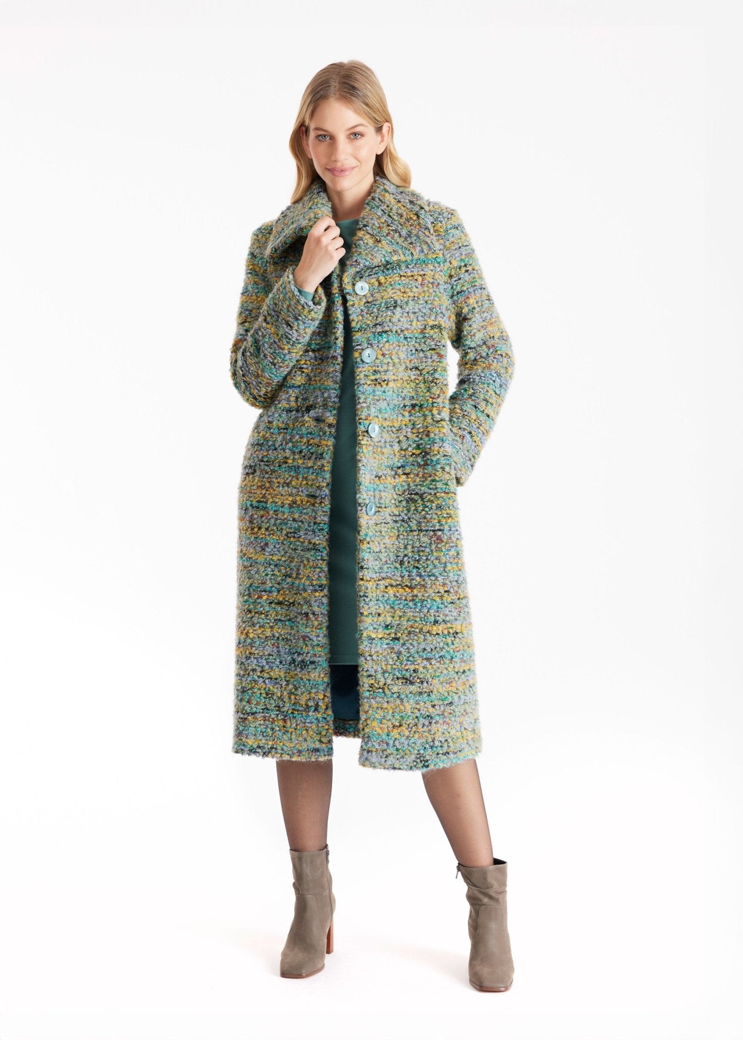 Langer Mantel MISSELINA mit Kragen und Knopfleiste aus Multicolor-Bouclé in Türkis und Gelb