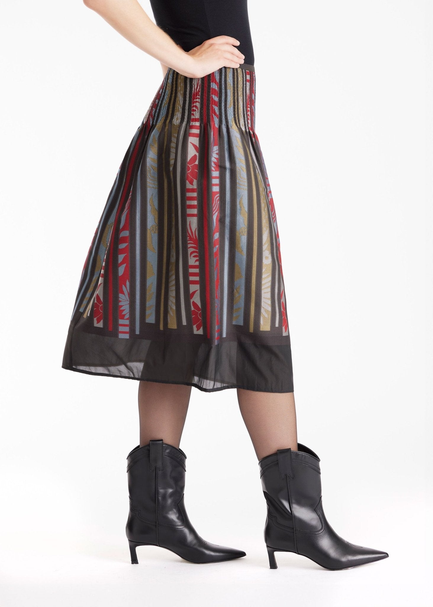 Rock LAFOLKORO in Midi-Länge mit Falten und floralem Streifenmuster in Rot und Schwarz