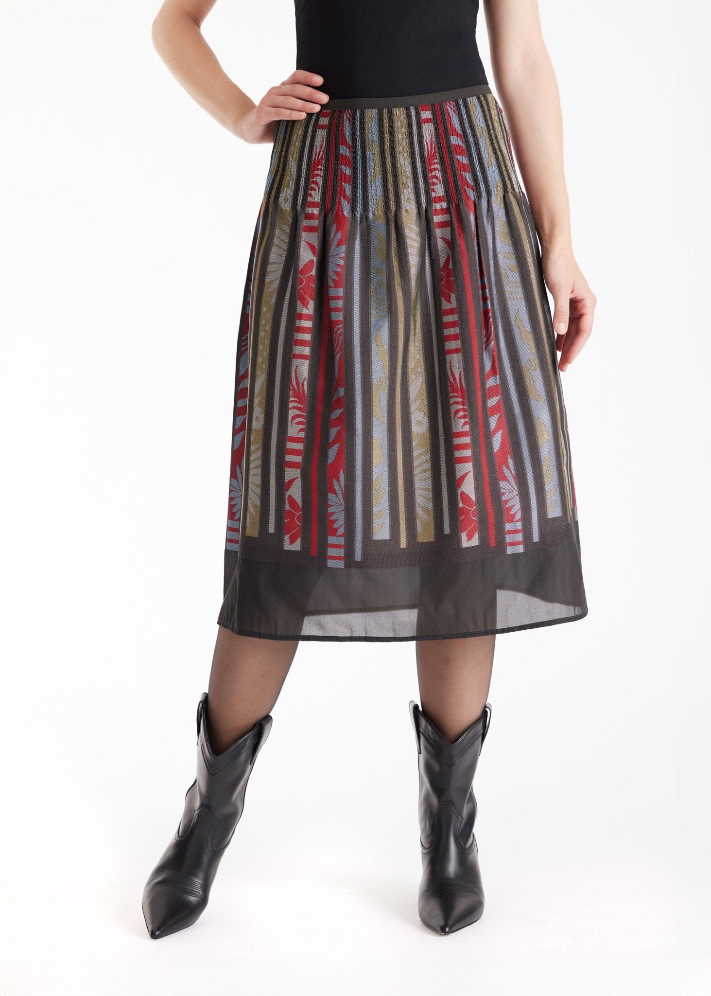 Rock LAFOLKORO in Midi-Länge mit Falten und floralem Streifenmuster in Rot und Schwarz