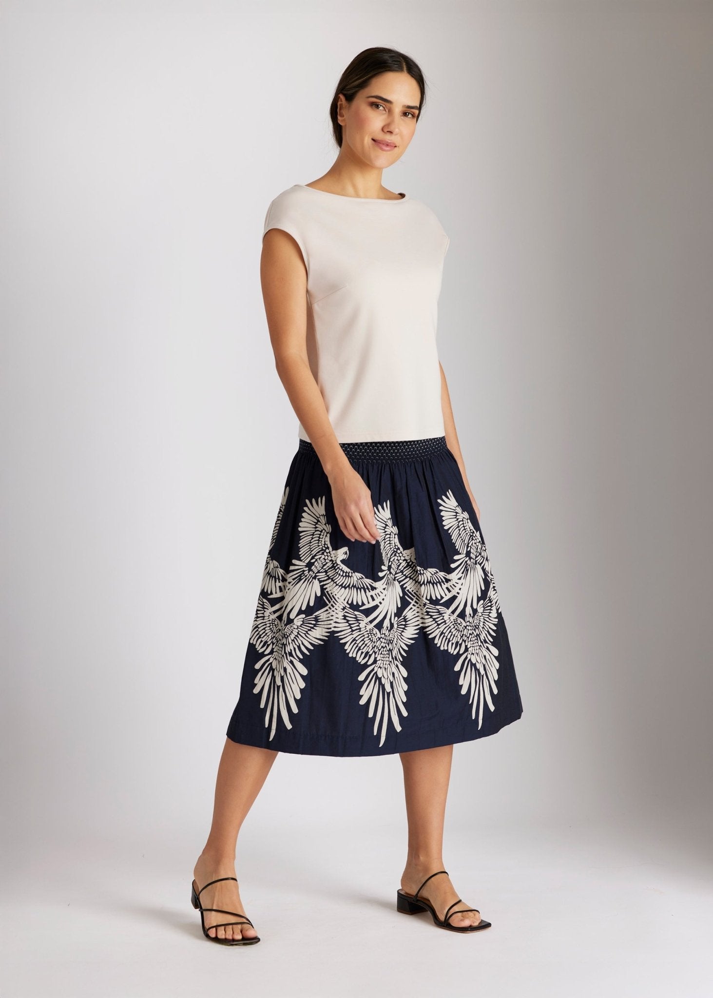 One Size Rock LONGERO-S in Midi-Länge mit Gummibund in Dunkelblau mit Vogelmuster