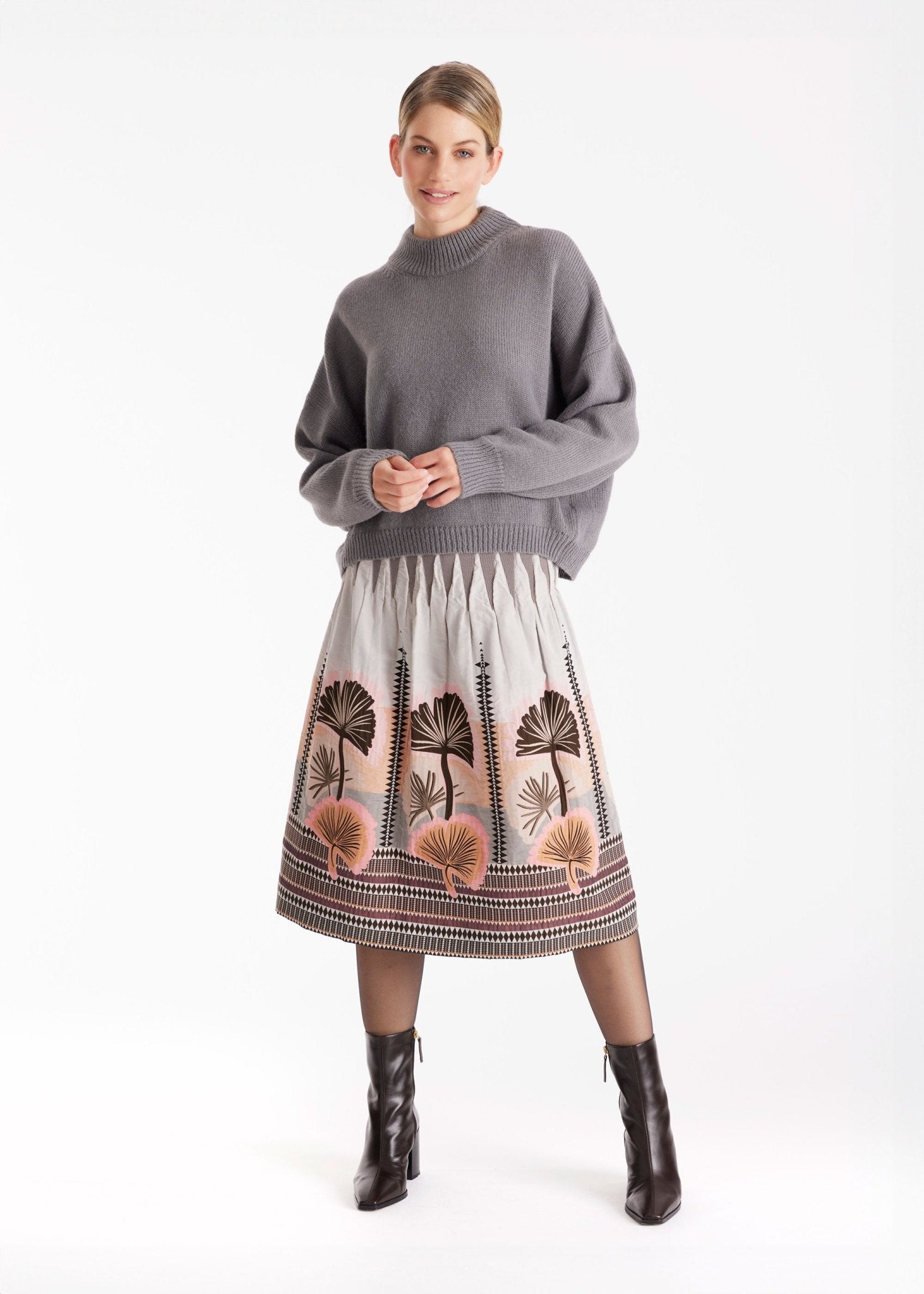 Ausgestellter Rock LONGERO-W in Midi-Länge mit Gummibund und floralem Muster in Beigetönen